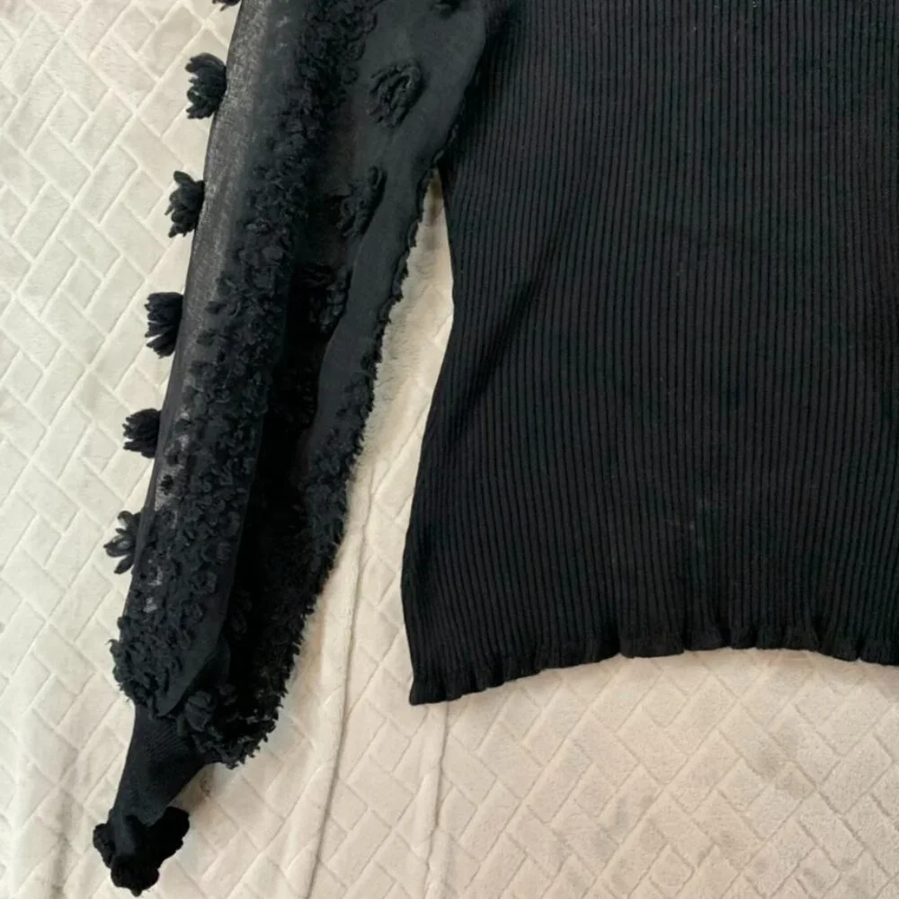Almost Famous Womens S Sweater Black Ribbed Sheer Long Puff Sleeve Cabin Cottage - Picture 3 of 16